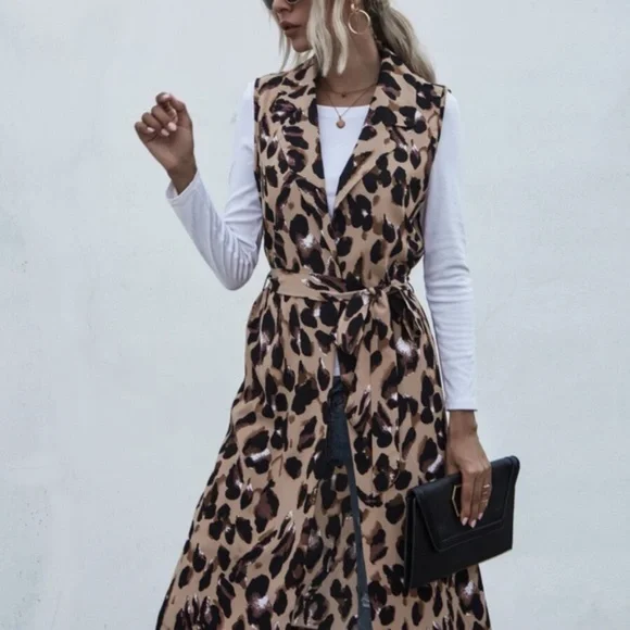 Tan Brown leopard Print Long Vest - Picture 3 of 6